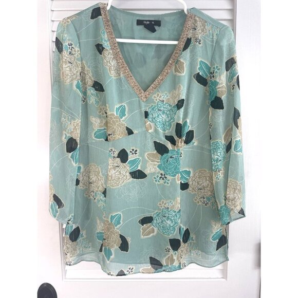 Style & Co Mint Green Floral V Neck Blouse Women's Size 8 Hidden Zip Cls - Picture 1 of 11